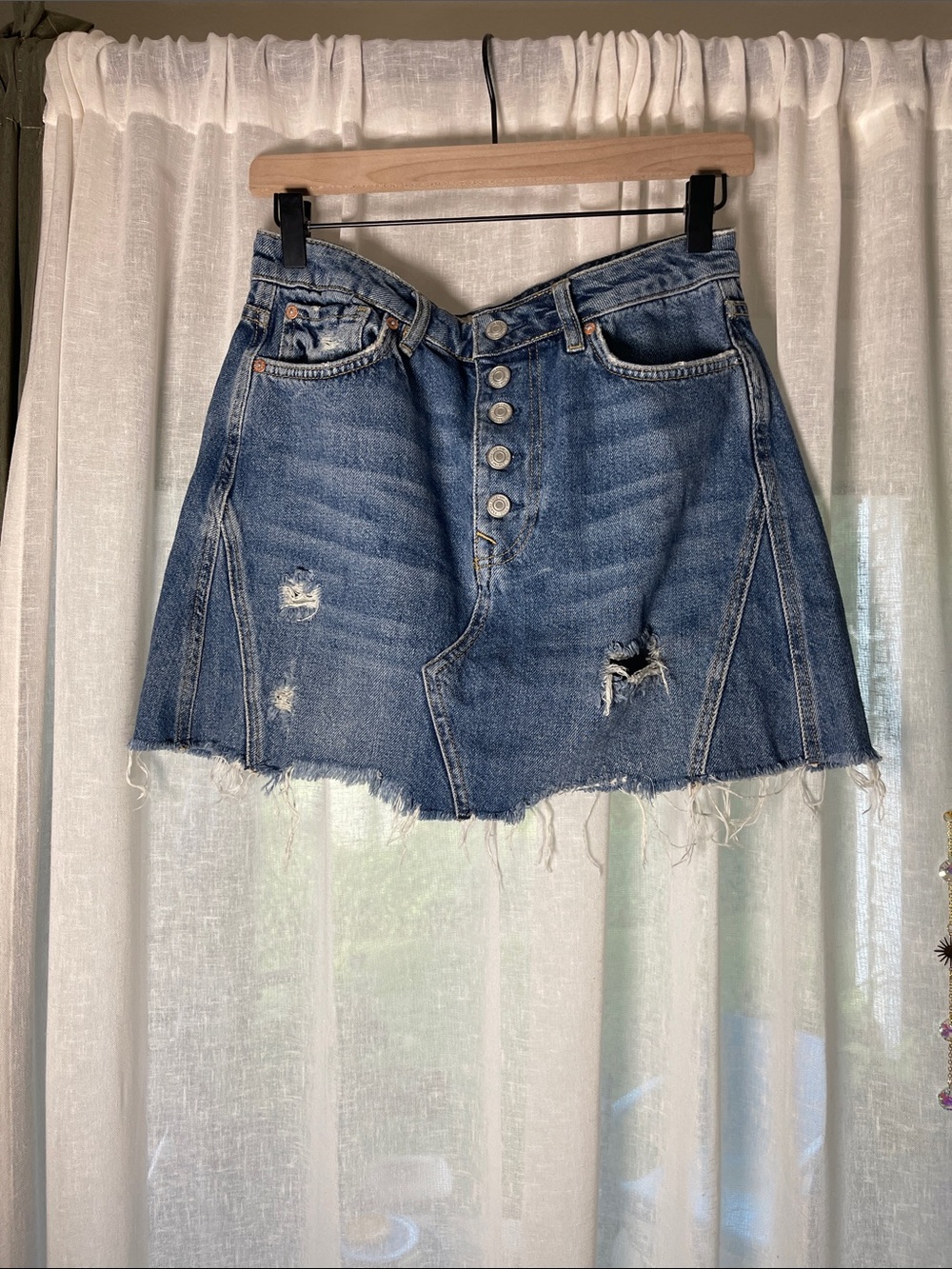 We The Free Distressed Button-Front Denim Mini Skirt - Blue